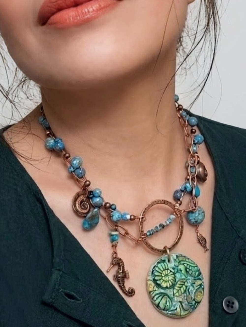 Southwestern Natural Turquoise Stone In Sea Life Themed In Artisan Made Necklace